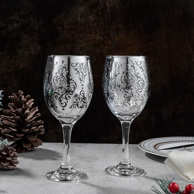 MyGift 10 oz Stemmed Wine Glass Glassware Duo with Silver Mirror Finish Etched in Baroque Pattern, Elegant Wine Drinking Glasses for Dinner Party or Wedding, Set of 2